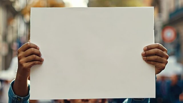 Person Hands Holding Blank White Sign with Copy Space in Urban Protest