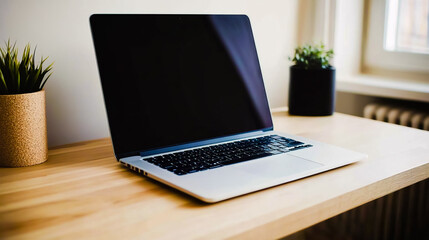 Fototapeta premium A laptop computer sitting on top of a wooden desk.