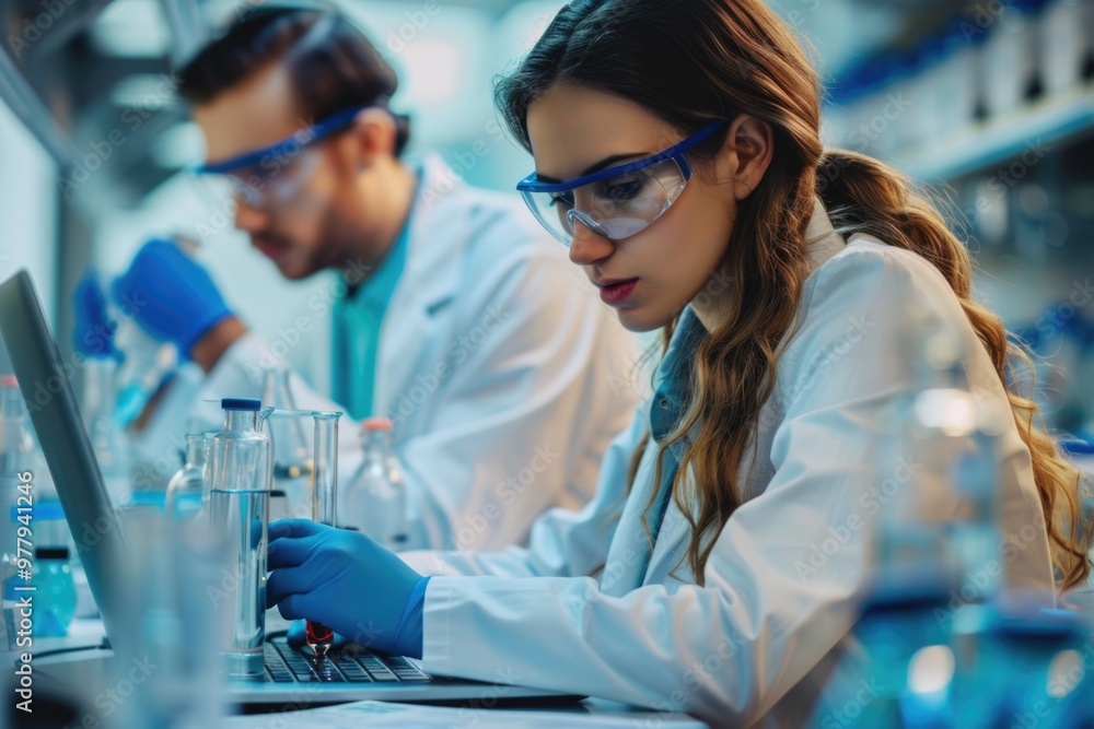 Poster two scientists working together on a laptop in a laboratory setting