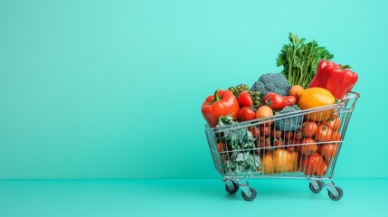Shopping cart full of fresh vegetables and fruits