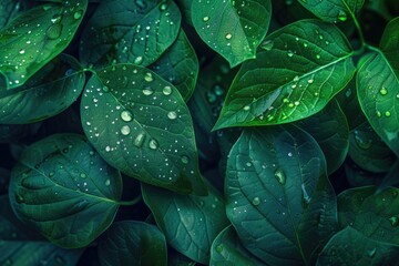 Obraz premium A close-up shot of green leaves with water droplets, suitable for use in scientific or educational contexts