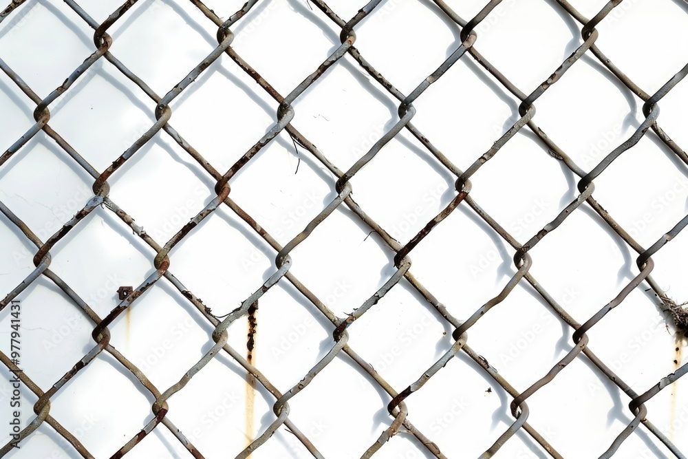 Poster A close up view of a chain link fence with rusty texture and worn-out links