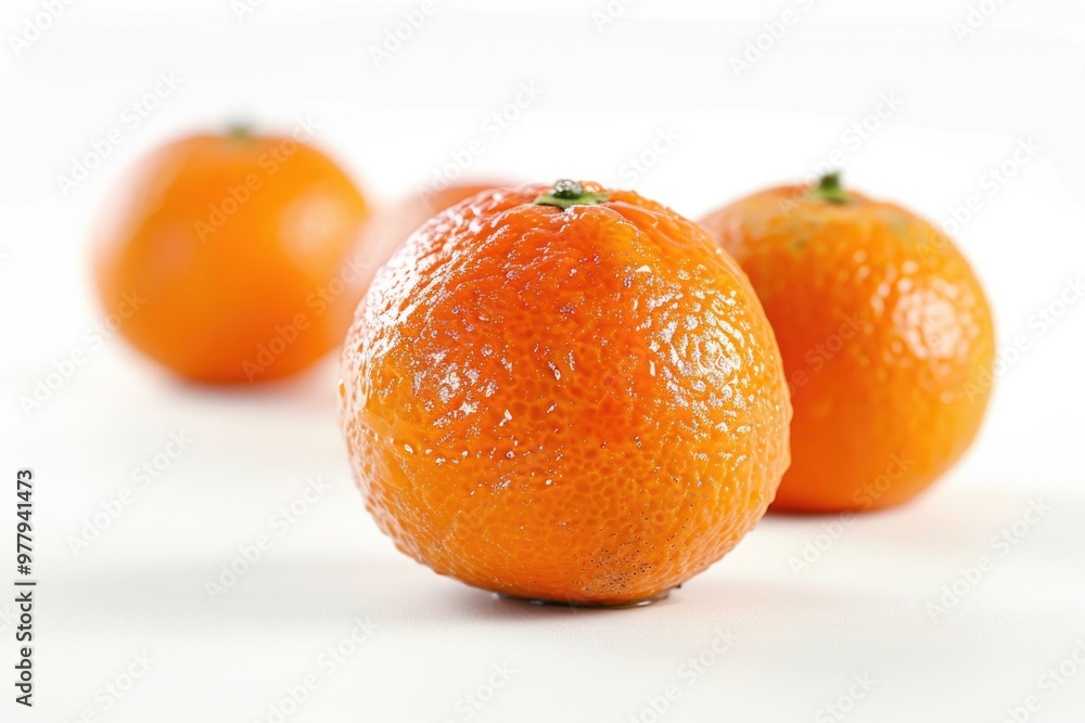Poster a still life image of three oranges placed on a white surface
