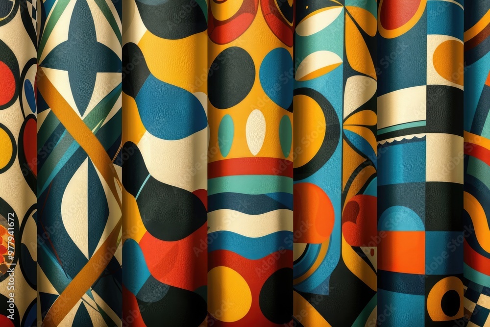 Poster a selection of vibrant fabrics displayed on a surface