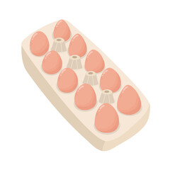 Chicken eggs in a cardboard box. Egg tray in cartoon style. Farm market icon. Vector illustration