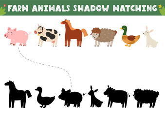 Find the correct shadow activity page with cute farm animals. Farm characters matching game for kids. Search the silhouette puzzle. Vector illustration