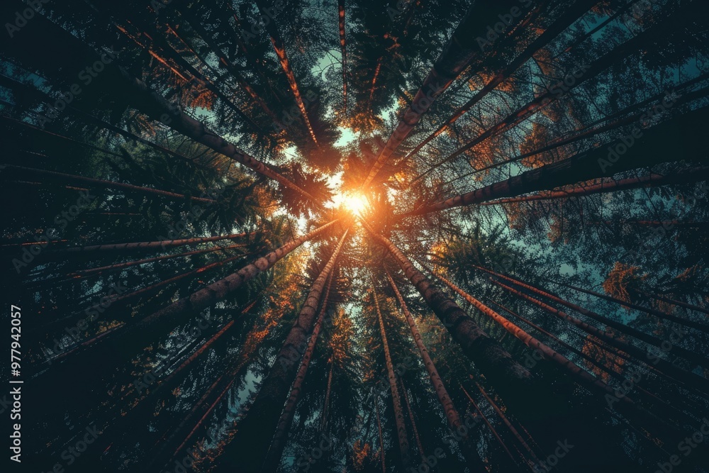 Poster a picture of sunlight shining through the trees in a forest