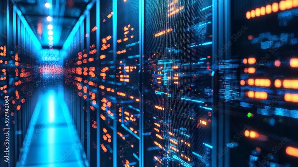 Poster data center with server racks and lights