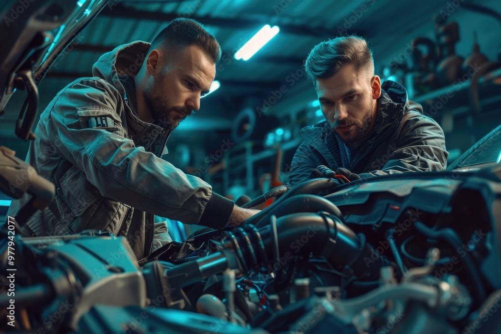 Poster two mechanics tinkering with motorcycle in a garage setting