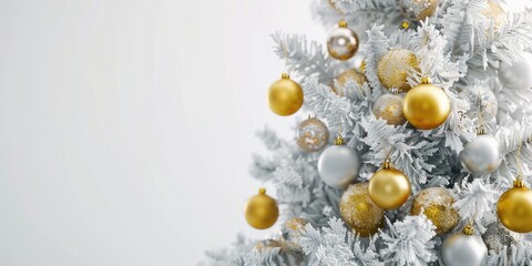 Fototapeta premium A beautiful white Christmas tree decorated with gold and silver ornaments, perfect for winter holidays and celebrations