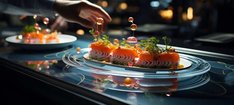 Futuristic depiction of food service reaching new heights of culinary excellence molecular gastronomy AIassisted cooking 3Dprinted meals redefine the possibilities of flavor texture and presentation