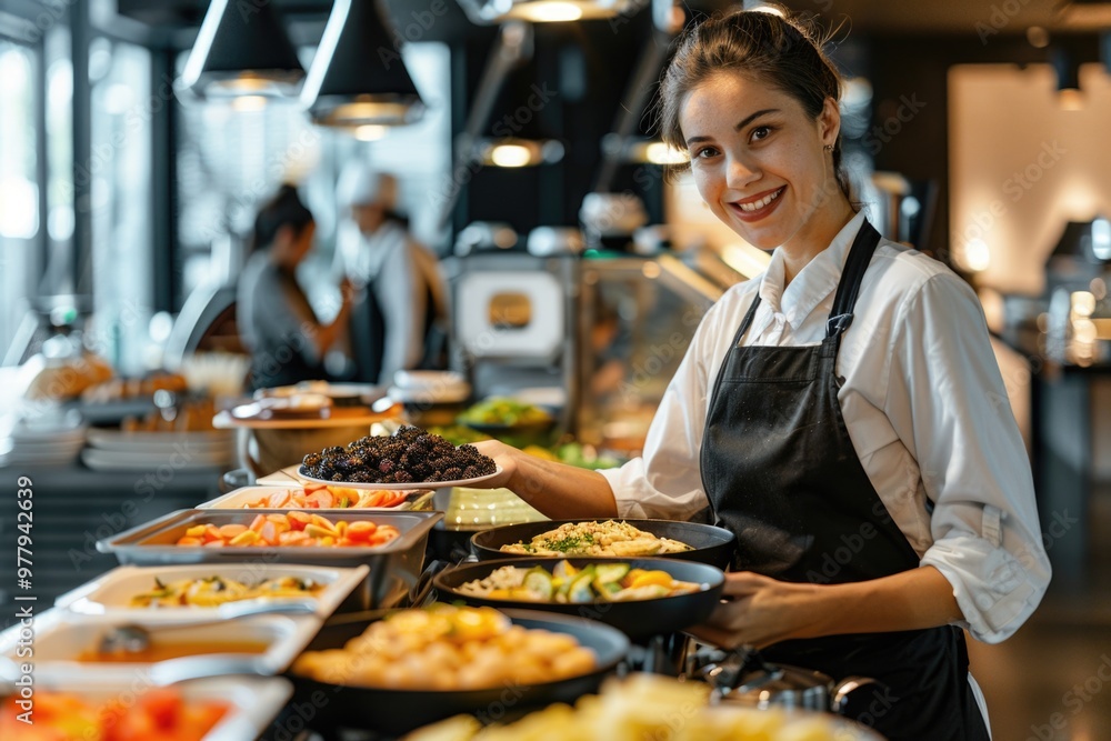 Poster a woman stands in front of a table filled with various foods, perfect for event or party coverage