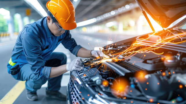 Mechanic working on car engine with futuristic augmented reality display