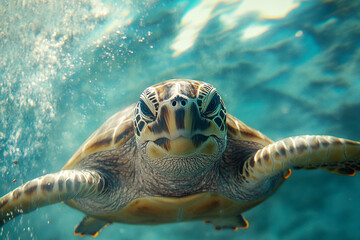 Fototapeta premium a beautiful cute turtle swim in deep ocean close up shot generated by AI