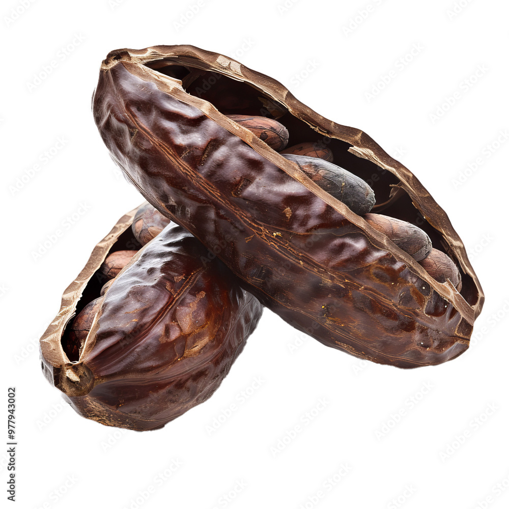 Poster two dried cocoa pods are revealing cocoa beans inside on white background