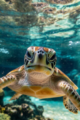 Fototapeta premium a beautiful cute turtle swim in deep ocean close up shot generated by AI