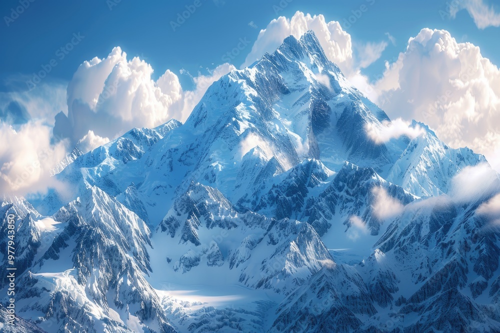 Poster A majestic mountain peak shrouded in snow and mist, perfect for winter or adventure themes