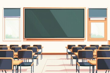 A typical classroom setting with desks and a blackboard