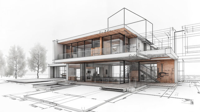 Modern house under construction being built according to architectural plans