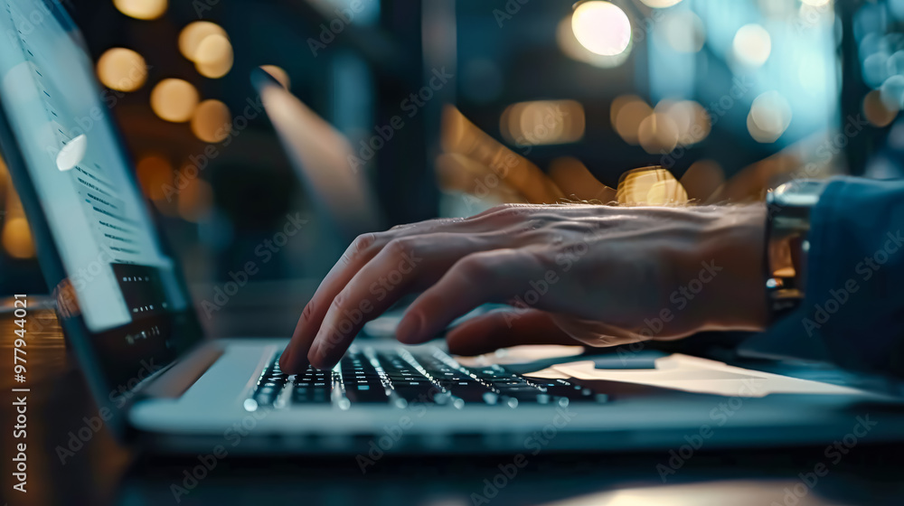 Poster a person is typing on a laptop with a screen displaying a graph. concept of focus and concentration 