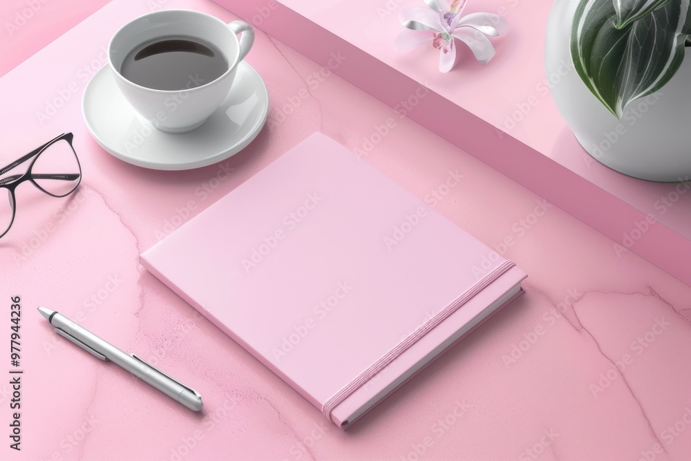 Poster A person working or relaxing with a cup of coffee and notebook on a table