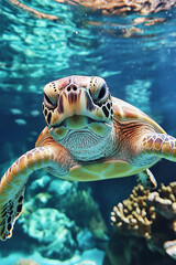 Fototapeta premium a beautiful cute turtle swim in deep ocean close up shot generated by AI