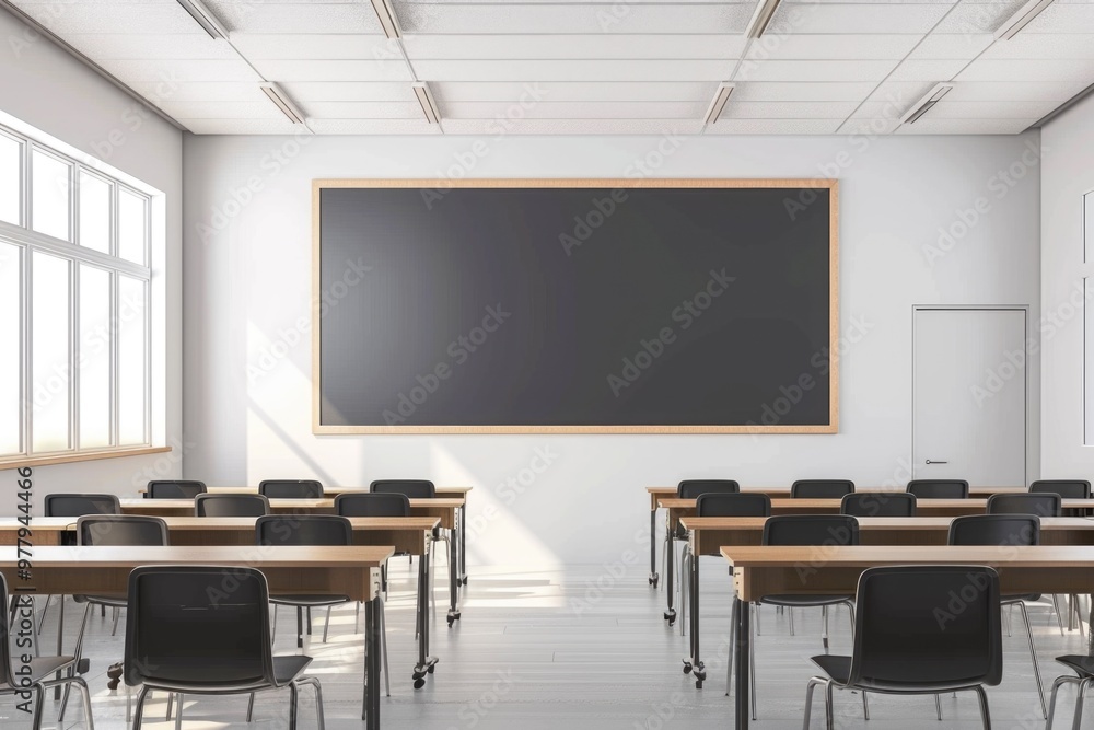 Poster a traditional classroom setting with a blackboard on the wall, suitable for education or learning co