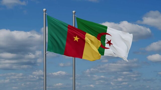 Algeria and Cameroon flags flying together, video concept of the relationship, two country relations concept