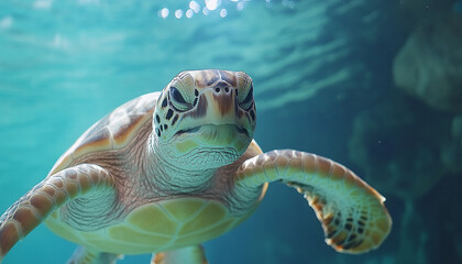 Fototapeta premium a beautiful cute turtle swim in deep ocean close up shot generated by AI