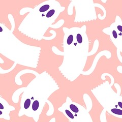 Halloween ghost seamless cartoon cats pattern for wrapping paper and fabrics