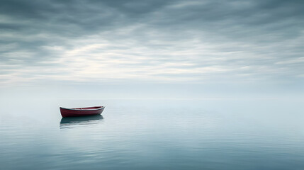 Naklejka premium Solitary boat floating on a peaceful ocean with an endless sky and subtle waves