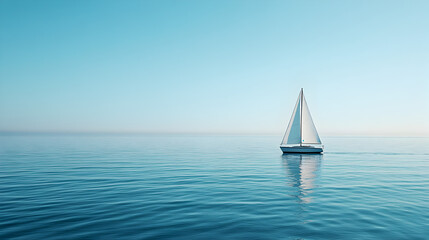 Fototapeta premium Tiny sailboat on an expansive, calm sea under a cloudless sky and no visible land