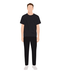 Vector illustration of a woman in a black t-shirt and black pants. Black minimalism