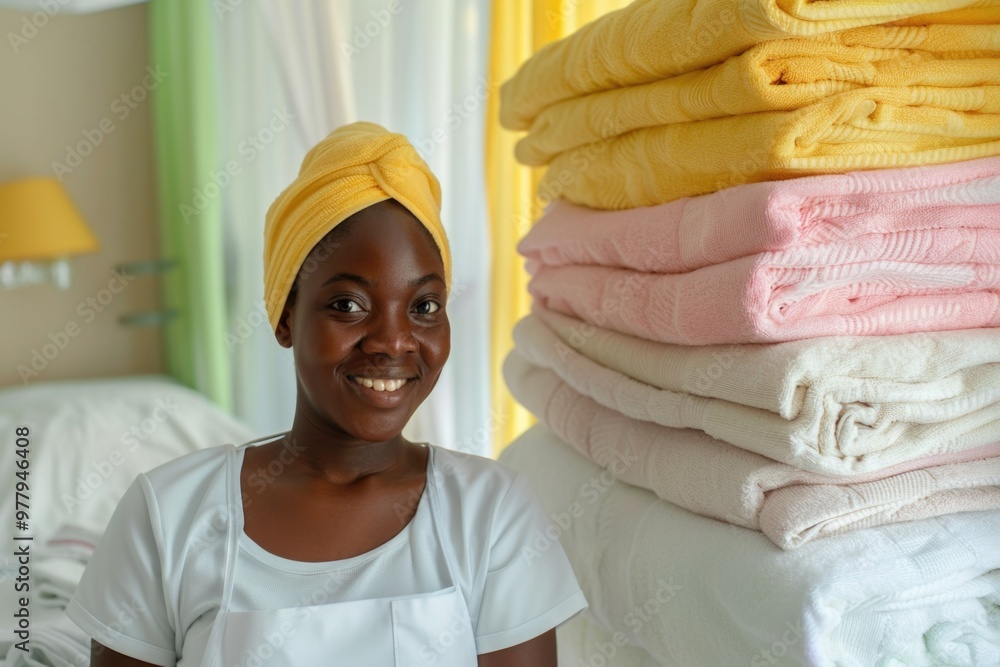 Poster A woman stands in front of a stack of folded towels, ready to use or store them