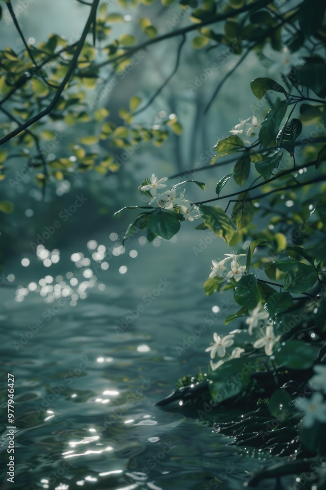 Aufkleber a serene scene of a stream flowing peacefully through a dense and vibrant green forest