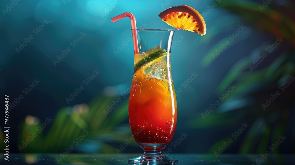 Wall mural A glass filled with a refreshing beverage and topped with a slice of orange, perfect for a warm day or as a pick-me-up