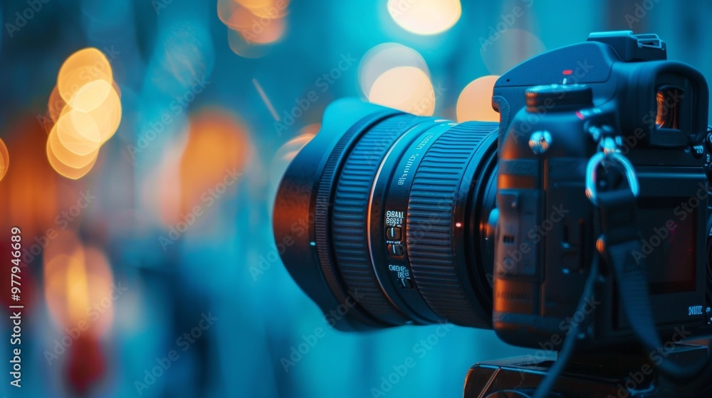 Poster close-up of dslr camera lens with bokeh light background