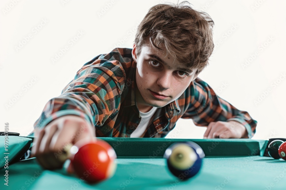 Poster a person bending over a billiards table, focusing on the game