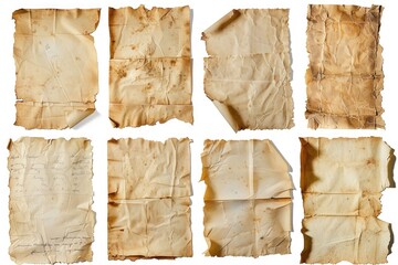 A collection of worn and damaged documents on a clean white surface