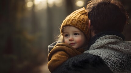 Father holding a child in cozy knitwear with a winter hat outdoors during the golden hour