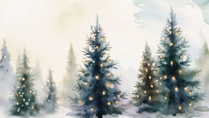 Fototapeta premium Watercolor holiday image of Christmas trees in a snowy forest with glowing lights.