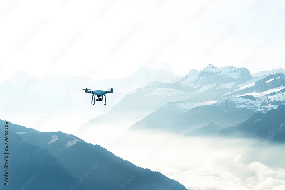 Aufkleber Aerial view of a small drone flying above a mountain range, suitable for use in scenes about adventure, exploration, or technology