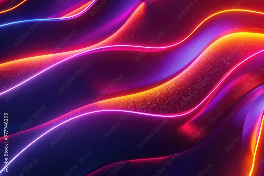 Poster a close-up shot of a vibrant neon wave pattern, ideal for use in futuristic or technology-themed des