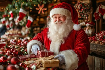  A jolly Santa Claus, dressed in his iconic red suit and white gloves, smiles warmly as he holds beautifully wrapped gifts. 