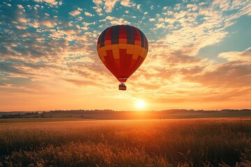 Obraz premium Hot Air Balloon Soaring Over Golden Field at Sunset
