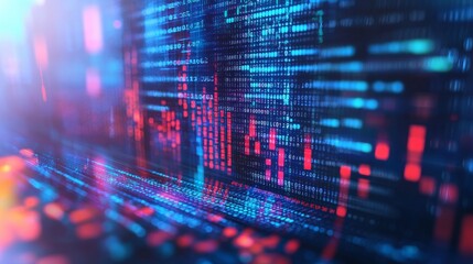 Binary data and digital code representation in blue and red
