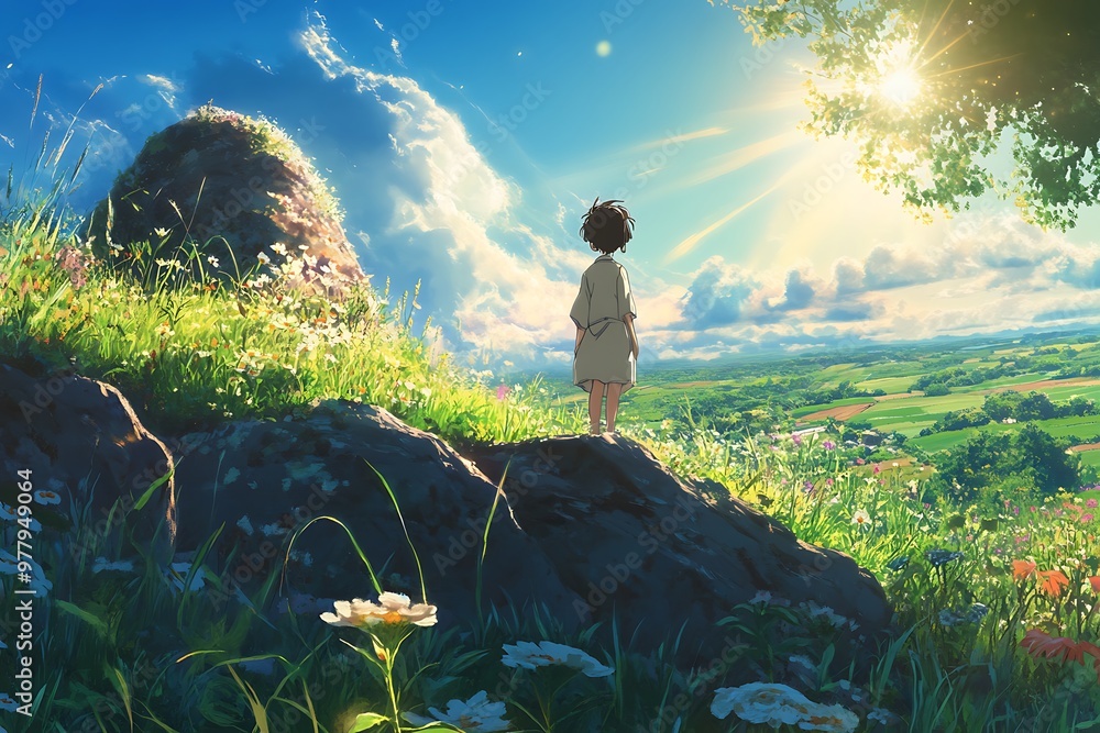 Canvas Prints Anime girl standing on a hilltop overlooking a beautiful landscape with a soft glow of morning light and blue sky