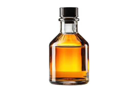 glass bottle filled with amber liquid.