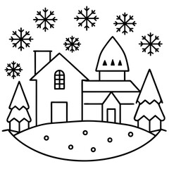 Cozy Village Scene Small Houses, Trees, and Snowflakes Art Vector