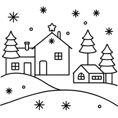 Cozy Village Scene Small Houses, Trees, and Snowflakes Art Vector
